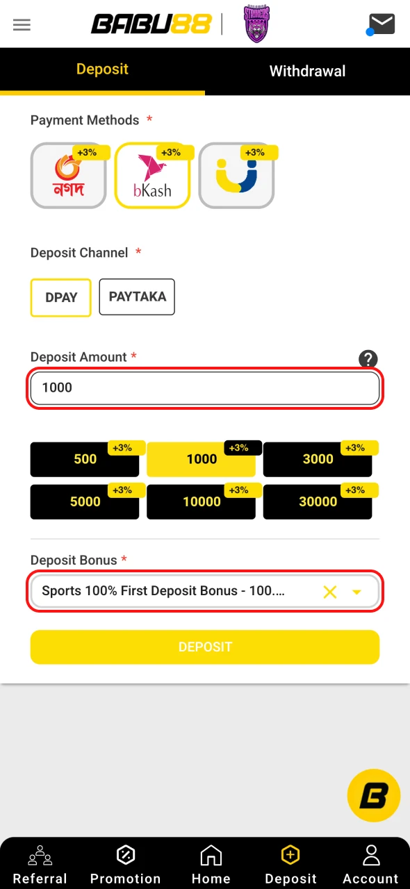 Select the deposit amount from the Babu88 given options.