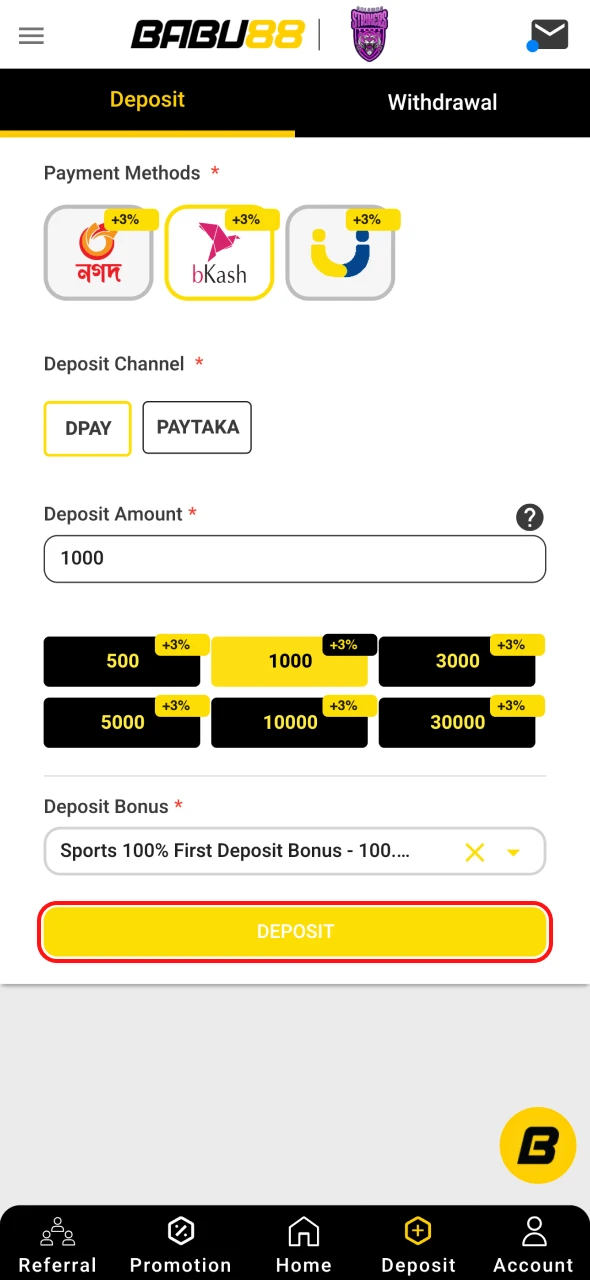 Tap on the button to finish the Babu88 deposit process.