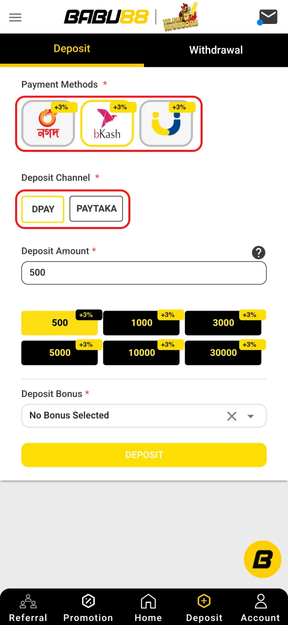 Select deposit option and channel at Babu88.