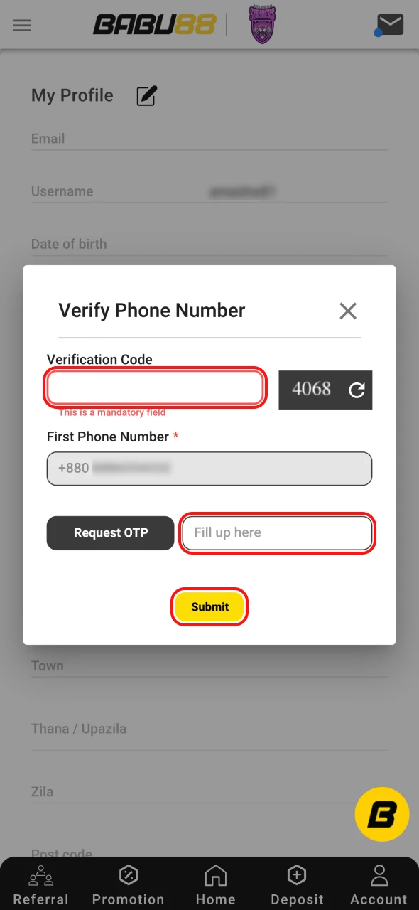 At Babu88 website verify your phone number.