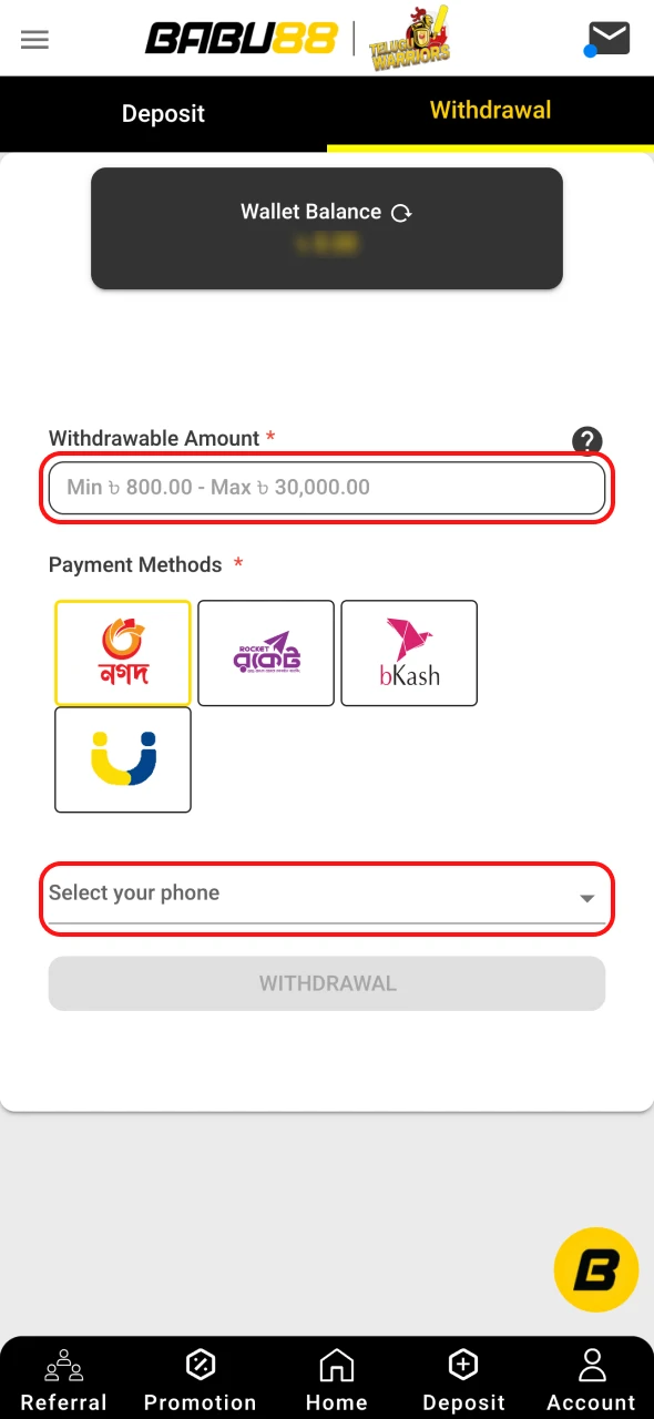 Fill in the required fields at Babu88 withdrawal section.