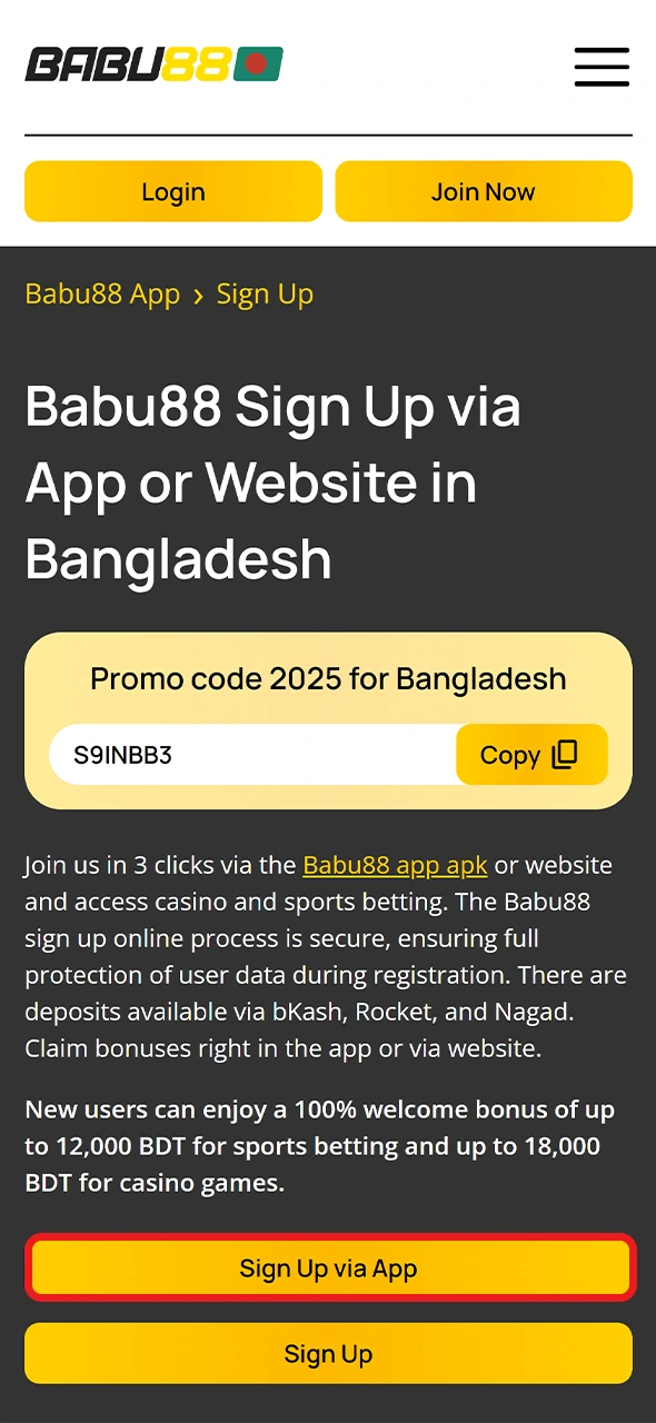 Download Babu88 app, open it and click the registration button.